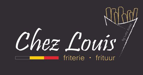 Een logo voor "Chez Louis", een frietkot. Het toont frieten en gebruikt de kleuren van de Belgische vlag.