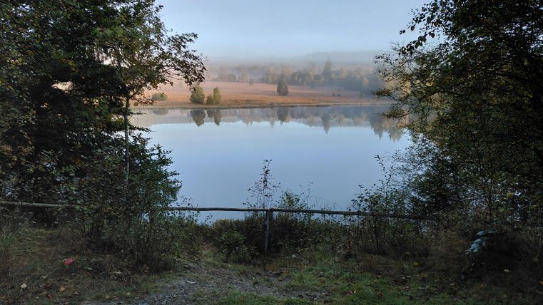 A tranquil landscape with a still lake and mist over the water. Surrounded by trees and gentle hills.