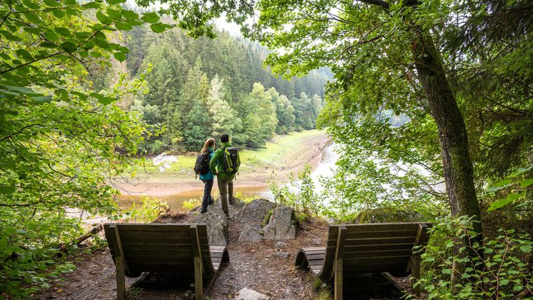 2 people are looking at the dammed Perlenbach