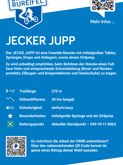 An informational poster about the Bikepark Rureifel with a focus on the freeride trail "Jecker Jupp". It includes details on trail length, difficulty level, and safety precautions.