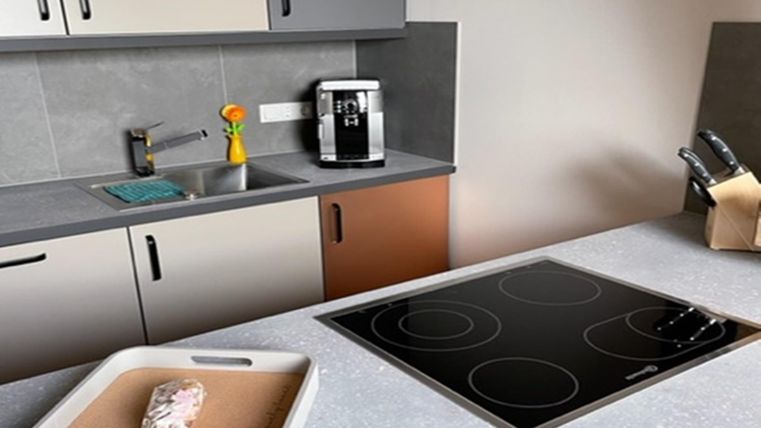 Een moderne keuken met een kookplaat, een gootsteen en een waterkoker. De meubels hebben grijze en koperen accenten.