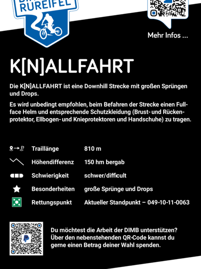 An information sign for a bike park displays the details of a downhill track named K[N]ALLFAHRT. The track is 810 meters long and includes large jumps and drops, with notes on safety equipment.