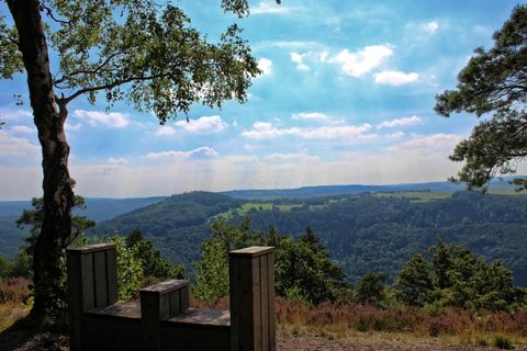 Een schilderachtig uitzicht op zachte heuvels onder een heldere lucht. Op de voorgrond zijn houten structuren en bomen te zien.