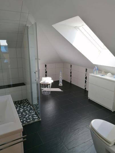 A modern bathroom with a shower, bathtub, and minimalist design. Large skylights provide plenty of daylight.