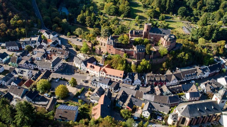 A picturesque town with historic buildings and narrow alleys. Surrounded by lush forest and gentle hills.