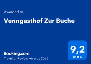 An award for the Venngasthof Zur Buche. The rating is 9.2 out of 10 on Booking.com for the Traveller Review Awards 2025.
