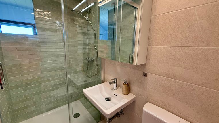 Een moderne badkamer met een glazen douche en een wastafel. De muren zijn in neutrale tinten gehouden.
