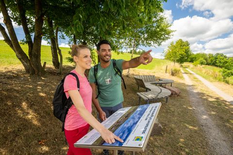 Twee wandelaars staan bij een informatiestation in de open lucht. Ze kijken in de verte en lijken te genieten van een mooie dag in de natuur.