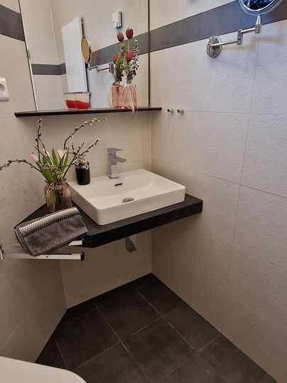 Ein modernes Badezimmer mit einem schlichten Waschbecken und einem großen Spiegel. Auf der Ablage befinden sich Pflanzen und Dekorationselemente.
