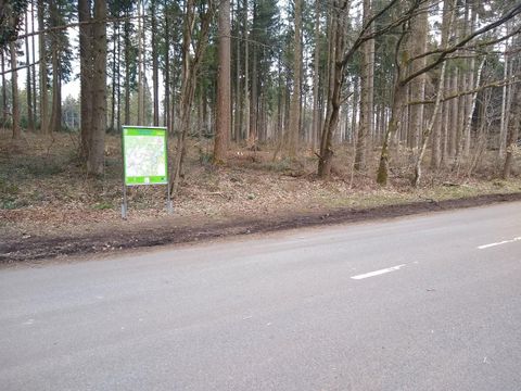 A signpost stands at the roadside in a forest. The surroundings are filled with trees and freshly cleared ground.