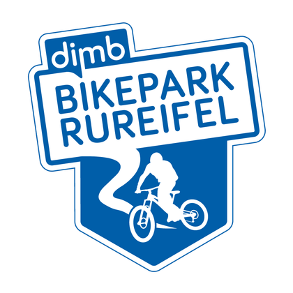 A significant logo for the Bikepark Rureifel. It features a cyclist on a stylized path in blue and white.