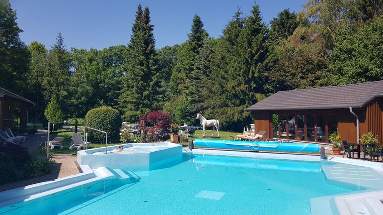 An inviting outdoor pool surrounded by trees and blooming plants. In the background, cozy wooden cabins can be seen.