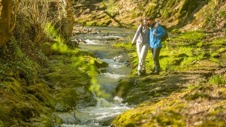 Twee personen wandelen langs een kleine, heldere beek. De omgeving is groen en ongerept.