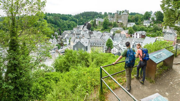 Een schilderachtig stadsaanzicht met wandelaars die uitkijken op de daken van een kleine stad. Op de achtergrond zijn groene heuvels en oude kasteelruïnes te zien.