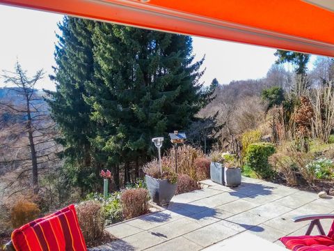 Een terras met rode stoelen en uitzicht op een bebost landschap. De zon schijnt en de lucht is blauw.