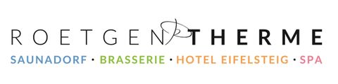 A logo of the Rötgen-Therme that presents the different areas such as sauna village, brasserie, Hotel Eifelsteig, and spa. The colors are designed to be soft and appealing.