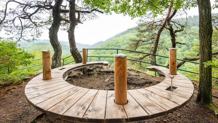 Een houten platform temidden van bomen met uitzicht op een groene landschap. De omgeving voelt rustiek en uitnodigend aan.