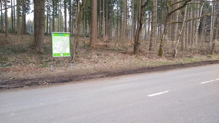 A signpost stands by the roadside in a forested area. The surroundings are quiet and green, with trees in the background.