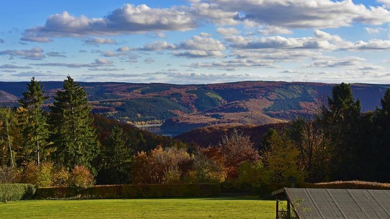 Een schilderachtig landschap met kleurrijke herfstbomen en zachte heuvels. De lucht is helder met enkele wolken en biedt een mooi uitzicht op de natuur.