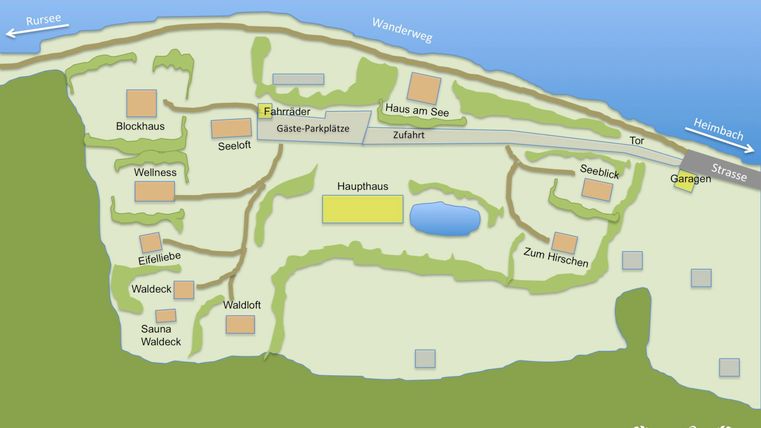 Eine Karte des Nationalparks Wald mit Wegen, Gebäuden und Freizeitangeboten. Sie zeigt den Weg zum Staubecken Heimbach und verschiedene Einrichtungen in der Umgebung.