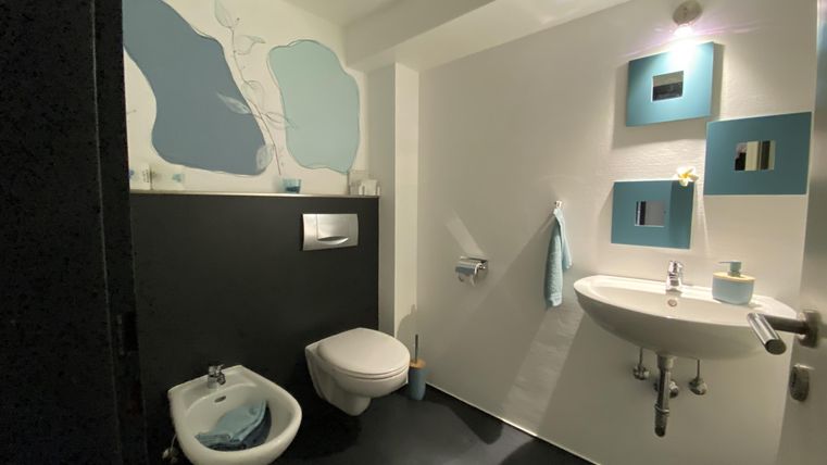 Een moderne badkamer met zwarte en witte muren en blauwe accenten. Het bevat een toilet, een bidet en een wastafel.