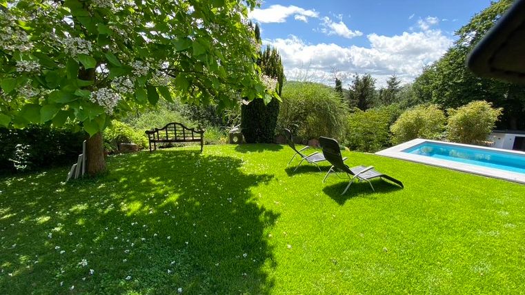 Een mooie tuin met groen gras en een ligweide. Op de achtergrond bevindt zich een zwembad en enkele bomen.