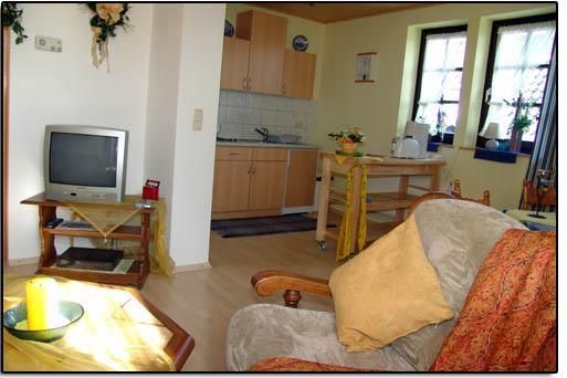 Een gezellig woonkamer met een televisie en een kleine kitchenette. De ruimte is licht en ingericht met een warm kleurenpalet.