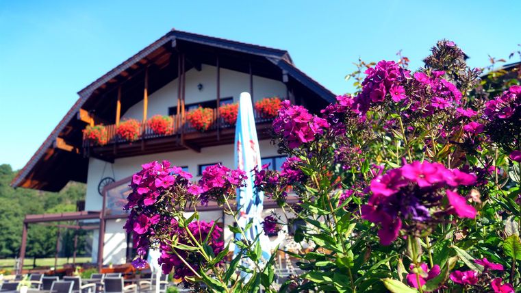 A beautiful building with flower boxes and colorful flowers in the foreground. The sky is clear and blue.