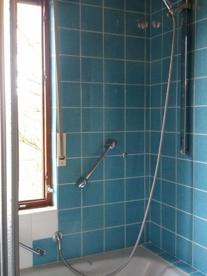 Ein Badezimmer mit einer Badewanne und einer Dusche. Die Wände sind mit blauen Fliesen verkleidet.