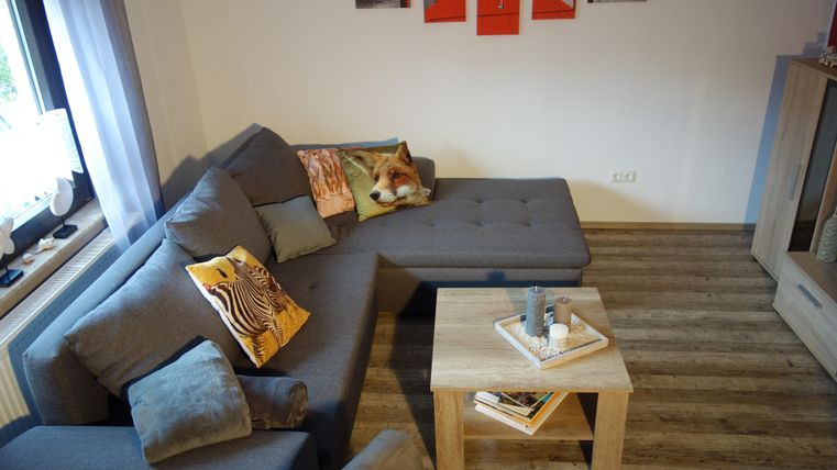 Een moderne woonkamer met een grijze bank en kleurrijke kussens. Een kleine houten tafel staat in het midden, omringd door een aantrekkelijke vloerbedekking.