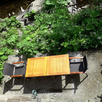 A beautiful table with two chairs stands amidst green plants. In the background, a small stream flows.
