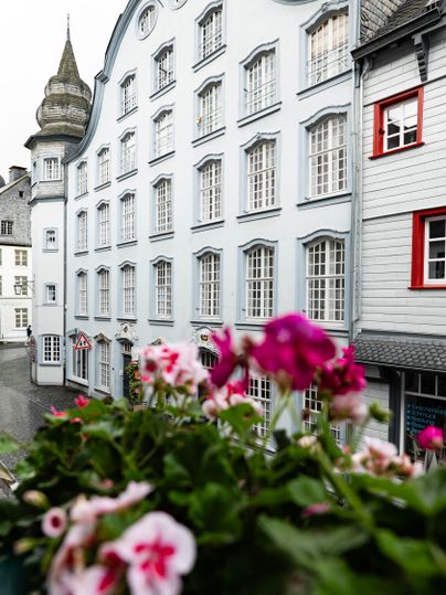 A charming architecture with light blue facades and many windows. In the foreground, colorful flowers are blooming.