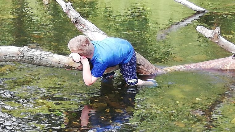 Ein Junge leans über einen Baumstamm in einem klaren Gewässer. Er trägt ein blaues T-Shirt und scheint das Wasser zu beobachten.