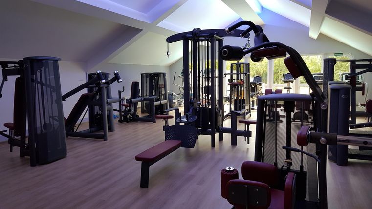 A modern gym with several workout machines and a bright, open space. The walls are shady and the floor is made of wood.