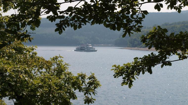 A quiet lake, surrounded by trees, with a small boat on the water. The landscape is peaceful and the sun reflects on the surface.