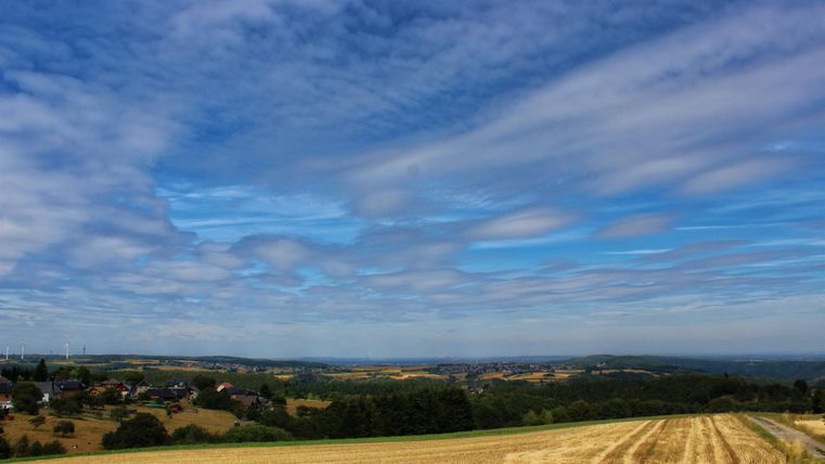 Een wijde landschap met velden en zachte heuvels. De lucht is blauw met enkele wolken.