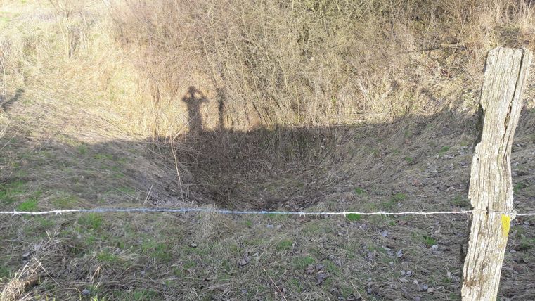 A small trench with an uneven surface, surrounded by dry grass and bushes. In the background, the shadow of a person is visible.