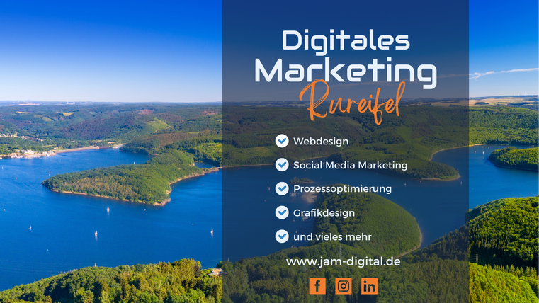 Eine wunderschöne Landschaft mit einem blauen See und grünen Hügeln. Der Text informiert über digitales Marketing und Dienstleistungen.