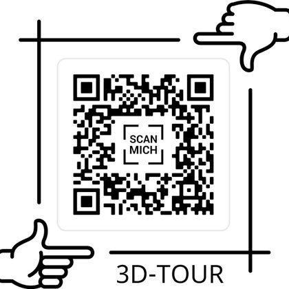 A QR code to start a 3D tour. Next to the prompt "Scan me" are two hands pointing at the code.