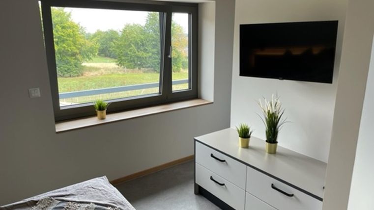 Een moderne kamer met een groot raam dat uitkijkt op een groene omgeving. Aan de muur hangt een televisie, en op het meubelstuk staan twee kleine planten.
