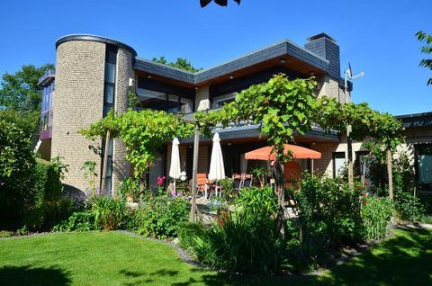 A modern house with large windows and a green garden. In the foreground are sun loungers and parasols under grapevines.