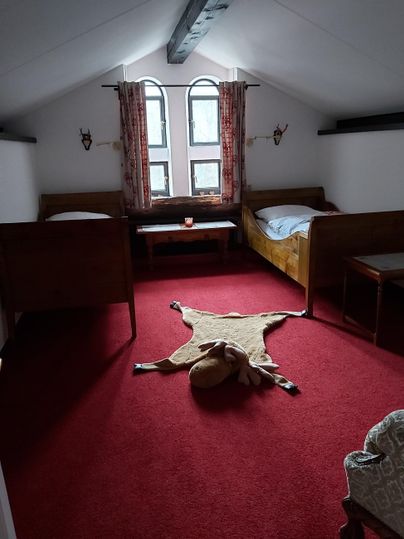 A cozy room with two beds and a red carpet. On the wall hang windows with curtains, and an animal skin lies in the room.