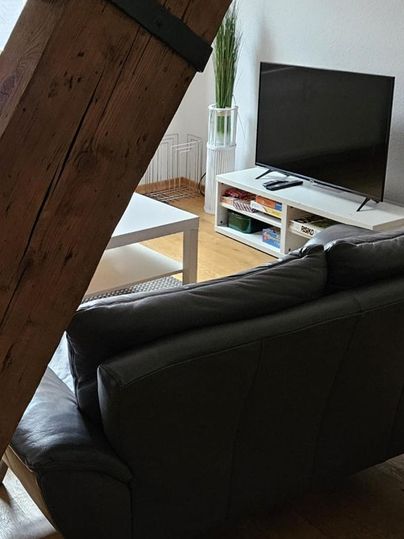 Een gezellige woonkamer met een grijze bank en een televisie. Op de achtergrond staat een witte salontafel en een plant.