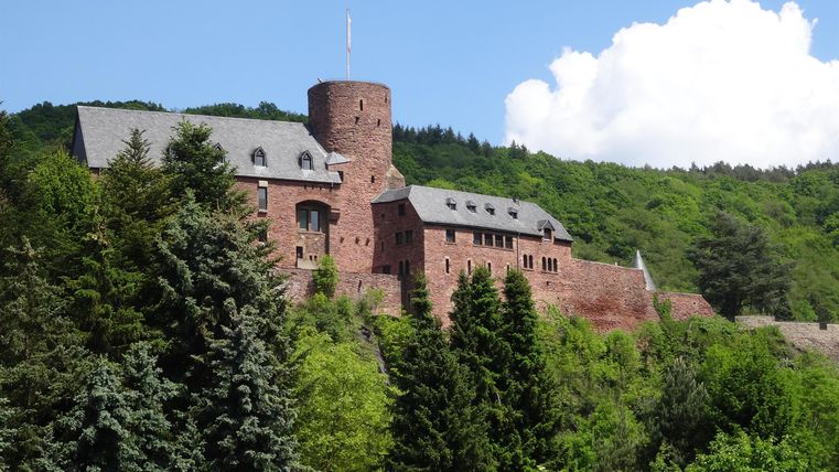 An impressive castle on a green hill, surrounded by trees. The sky is blue with some clouds.