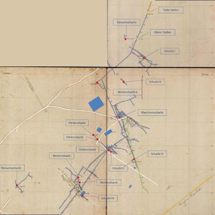 Eine historische Karte mit verschiedenen markierten Standorten und Bezeichnungen. Die Karte zeigt Straßen und Punkte, die möglicherweise bedeutende Orte darstellen.