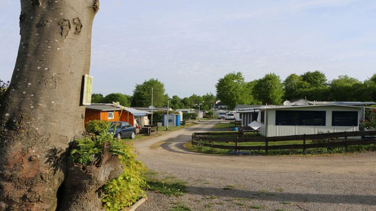A quiet campsite with several mobile homes and a gravel path. Surrounded by trees and green spaces.