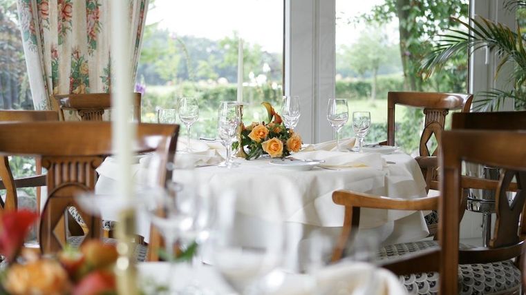 An elegant table in a bright room with a view of the greenery. The table is set with a flower-shaped decoration and glasses.