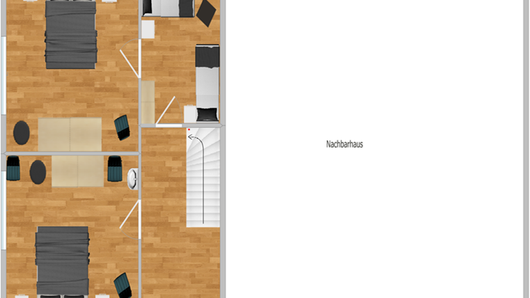 A floor plan with multiple rooms, including bedrooms and living areas. There is a staircase and a directly connected neighbor.