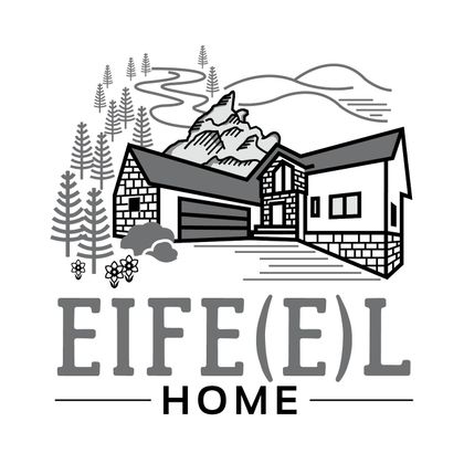 Een gestileerde tekening van een modern huis in een bergachtig landschap. Omgeven door bomen en bergen, straalt het een gezellige sfeer uit.