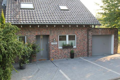 A modern, two-story brick house with a gable roof. In front of the house, there is a paved path and some plants in pots.